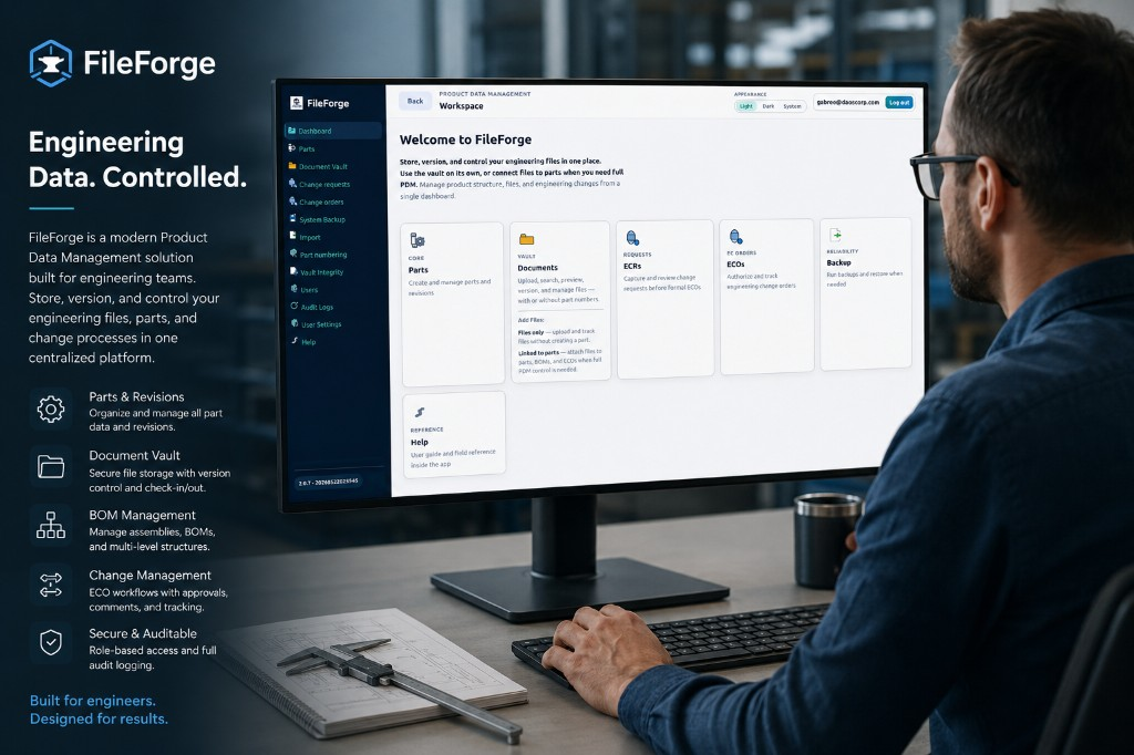 FileForge — Engineering Data. Controlled. Modern PDM for parts and revisions, document vault, BOM management, change management, and secure audit logging. Built for engineers. Designed for results.
